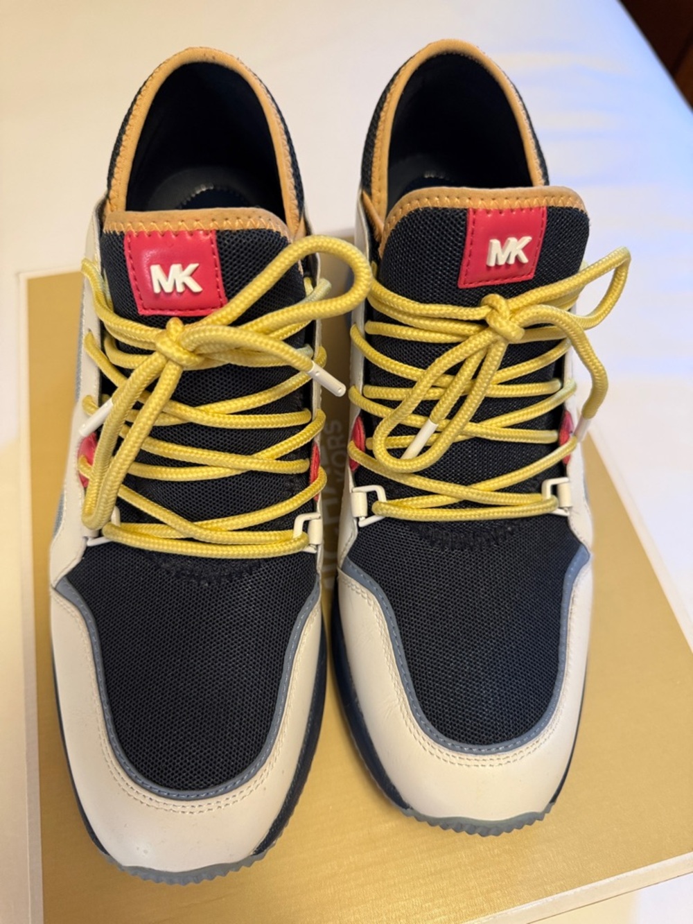 Michael Kors Black, Beige & Yellow Sneakers with Red Logo Accents